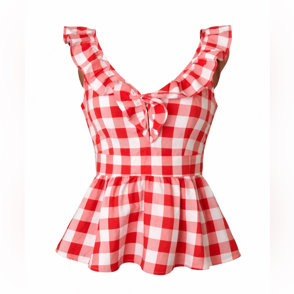 BiBi Red Gingham Ruffle Peplum Top M‎ Cottagecore Picnic Coquette Blouse